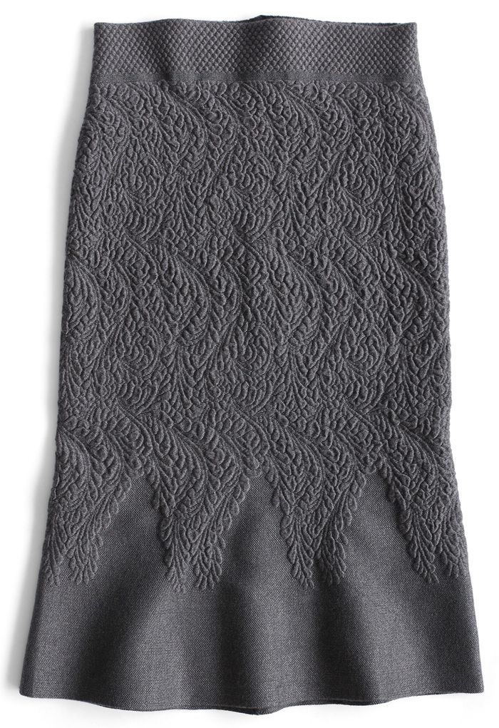 Baroque Glamour Embossed Knitted Pencil Skirt in Grey