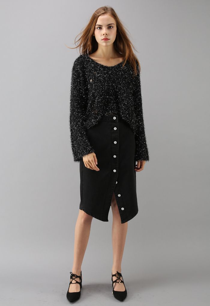 Twinkling Fluffy Cropped Sweater in Black