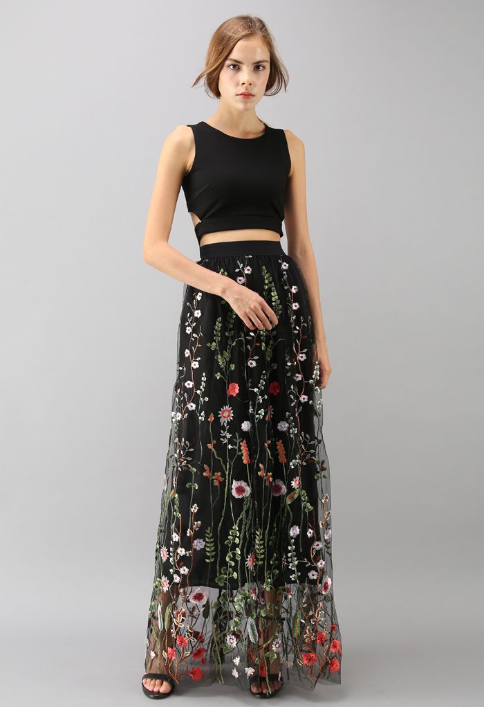 Lost in Flowering Fields Mesh Maxi Skirt in Black