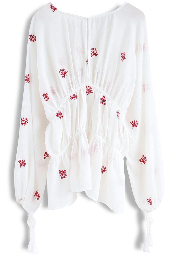 Floating Red Florets Boho Embroidered Top in White