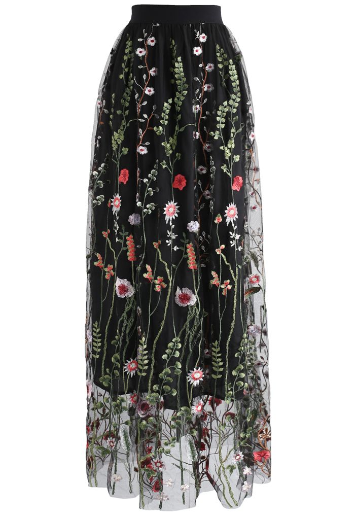 Lost in Flowering Fields Mesh Maxi Skirt in Black