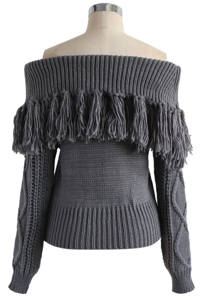 Joyful Tassels Off-Shoulder Knit Sweater in Grey