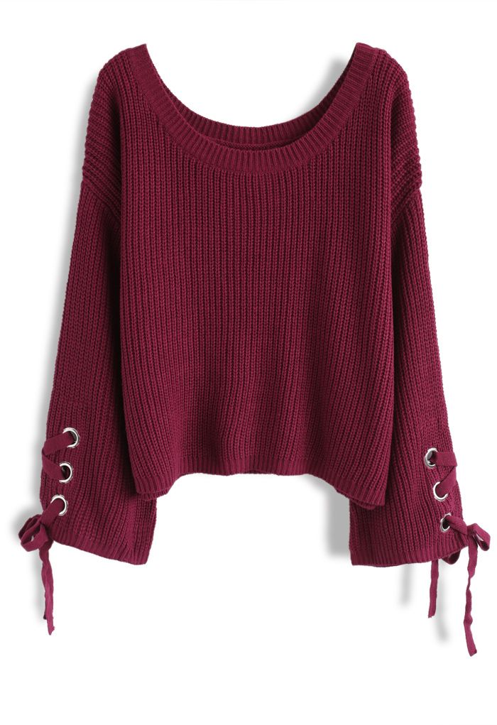 Leisure Moment Lace-Up Sleeves Ribbed Knit Sweater in Wine
