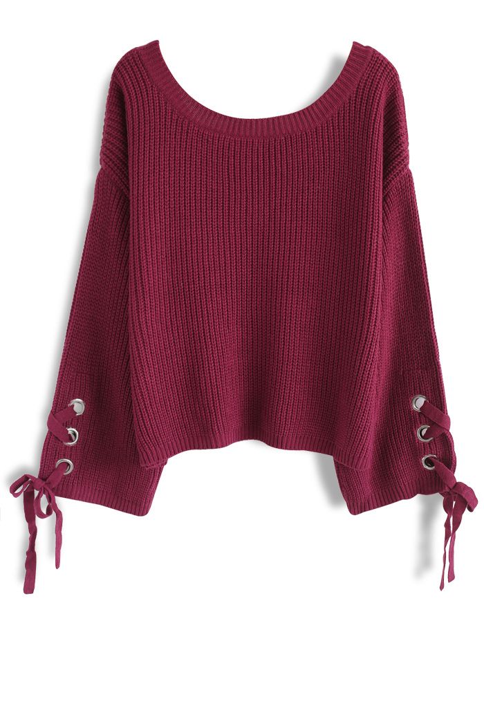 Leisure Moment Lace-Up Sleeves Ribbed Knit Sweater in Wine