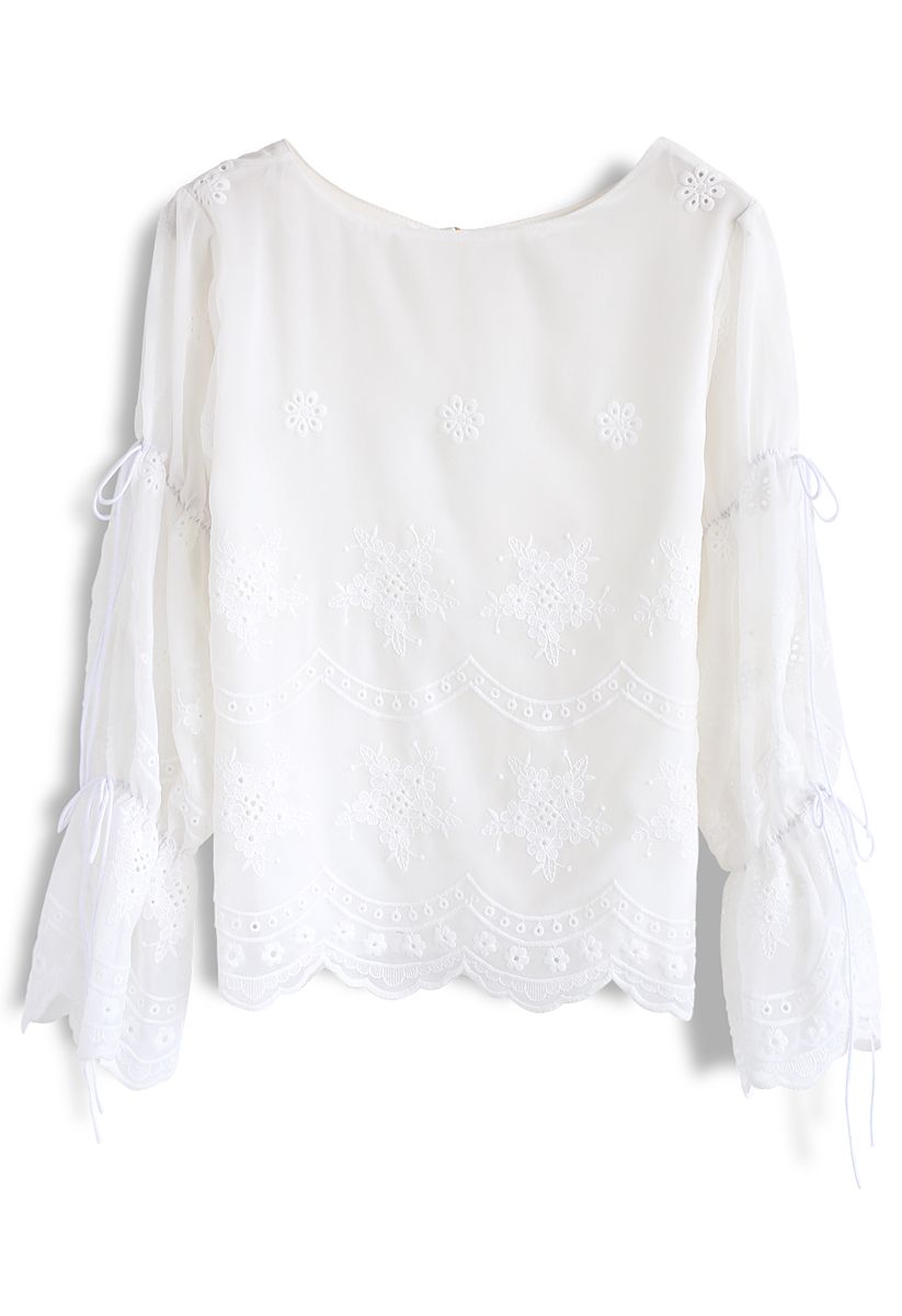 Pleasant Nosegay Floral Embroidered Chiffon Top in White