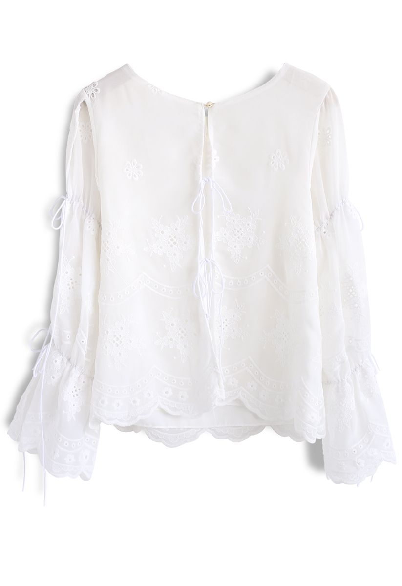Pleasant Nosegay Floral Embroidered Chiffon Top in White