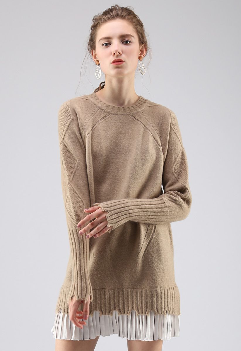Lovely Lure Pleated Frill Hem Longline Knit Sweater in Tan