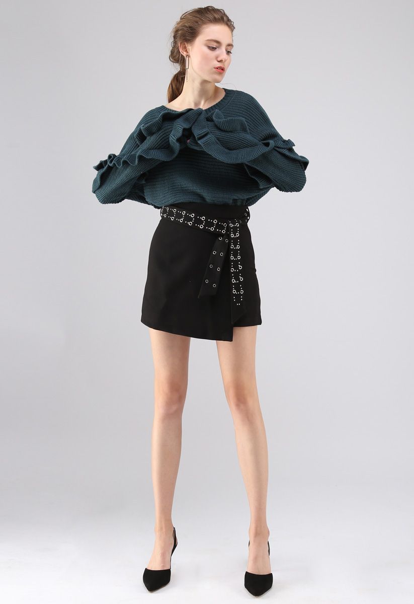 Charm to Meet You Ruffle Sleeves Ribbed Sweater in Dark Green