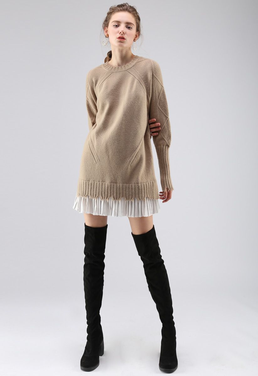 Lovely Lure Pleated Frill Hem Longline Knit Sweater in Tan