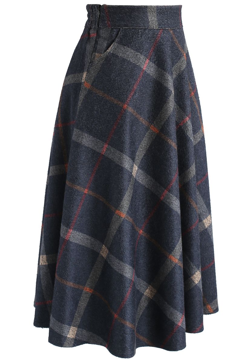 Step Nobly Wool-Blend A-Line Skirt in Navy Check
