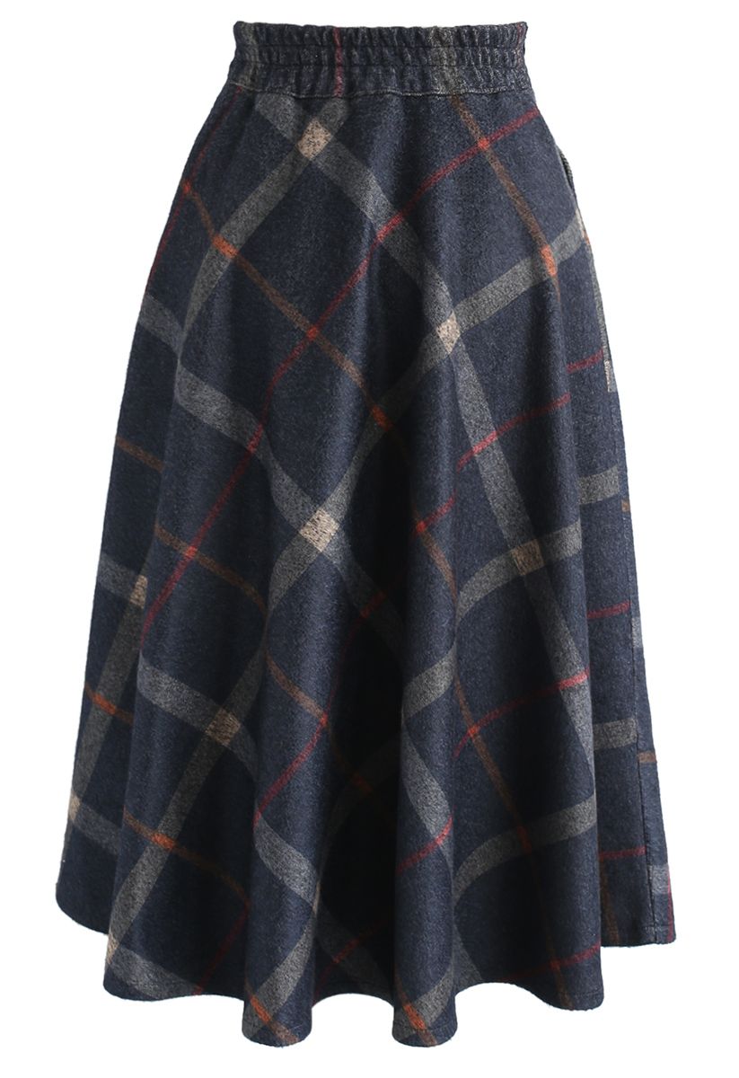 Step Nobly Wool-Blend A-Line Skirt in Navy Check