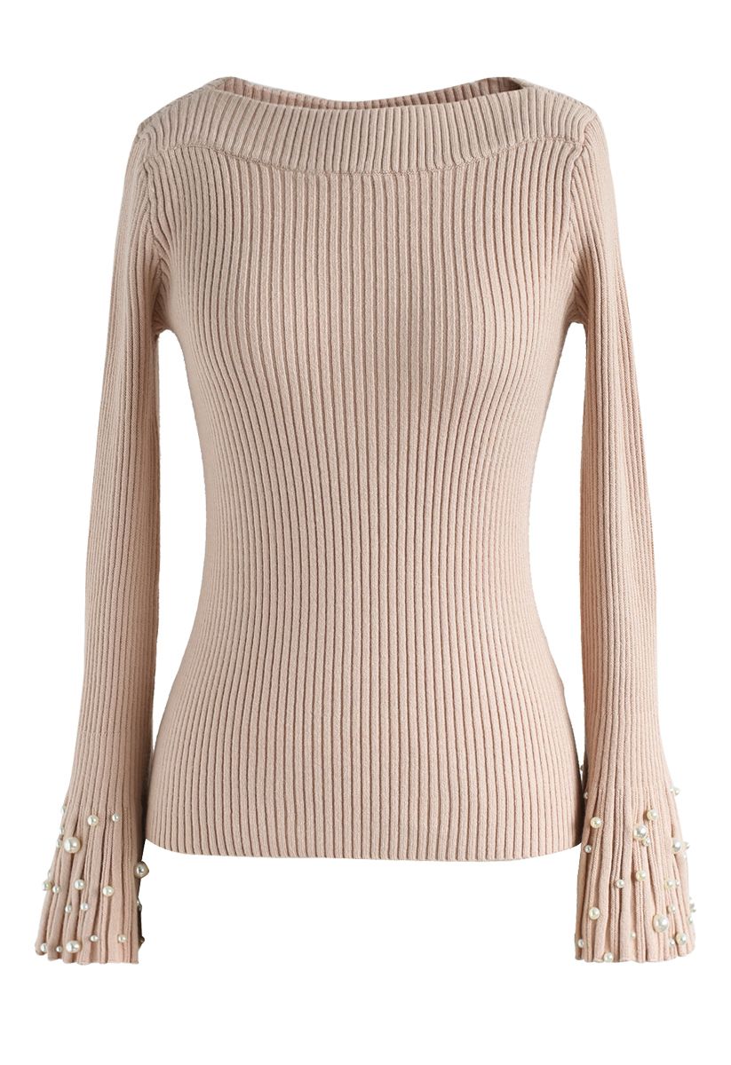 Oh My Pearls Ribbed Bell Sleeves Sweater in Peach