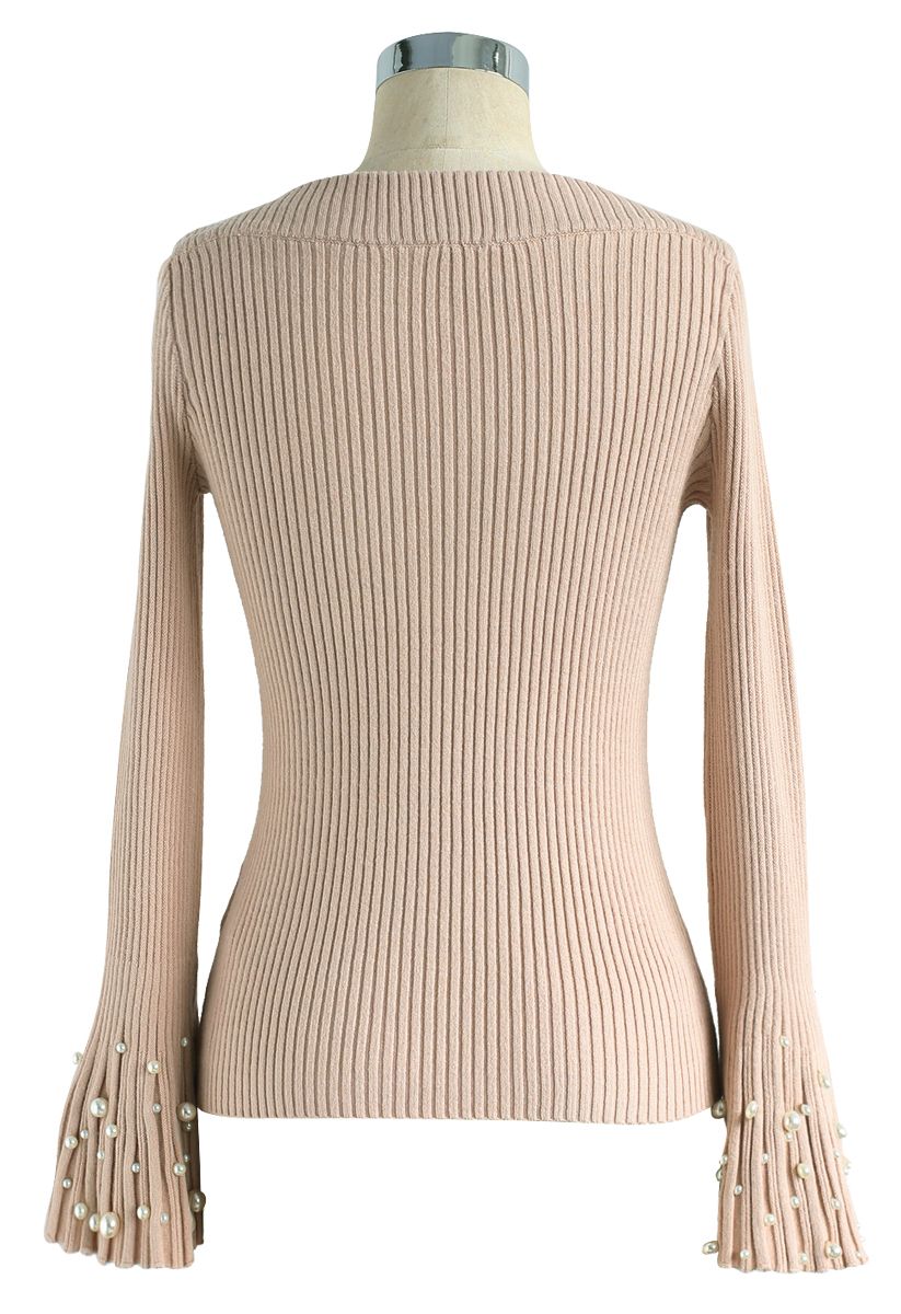 Oh My Pearls Ribbed Bell Sleeves Sweater in Peach