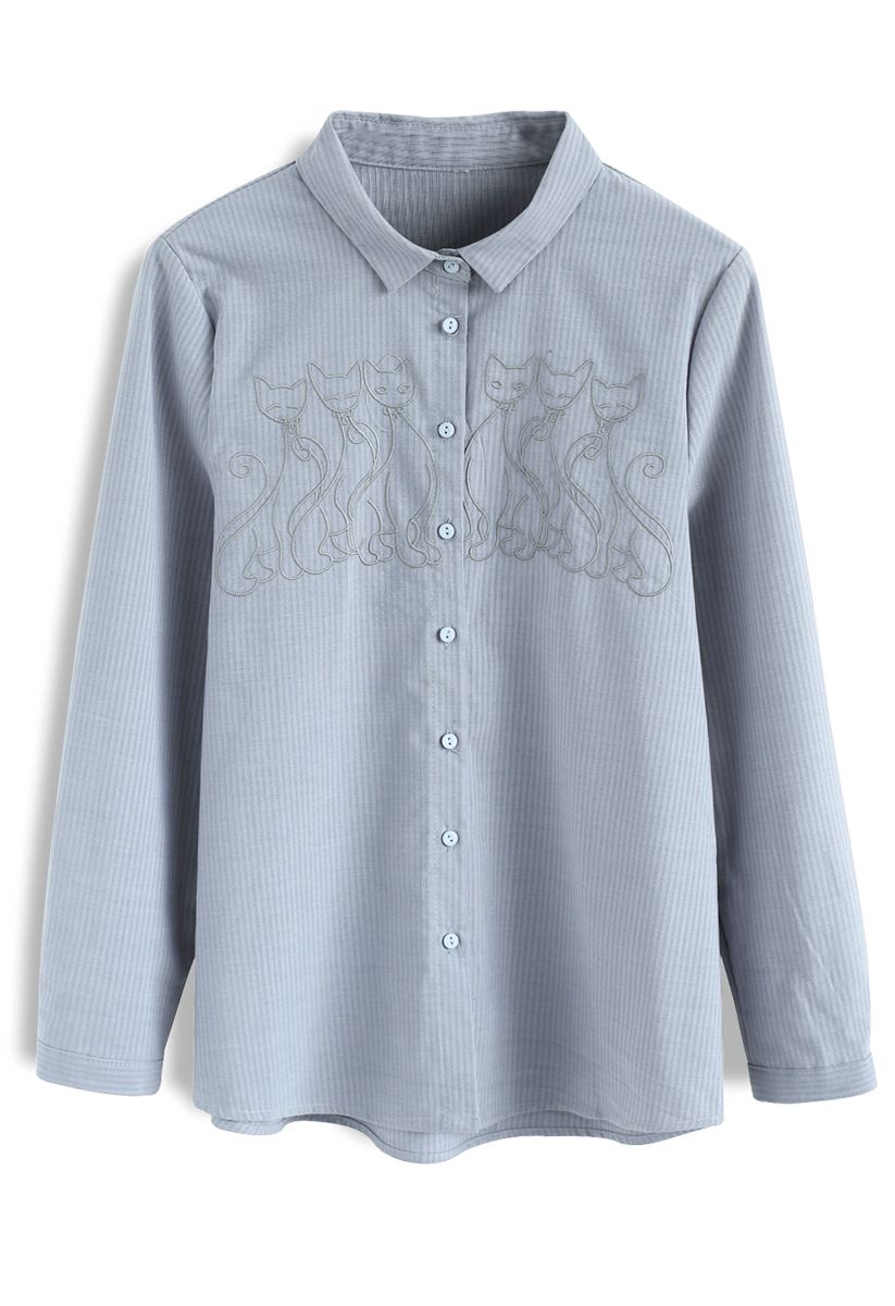 Naughty Cats Embroidered Shirt in Dusty Blue   