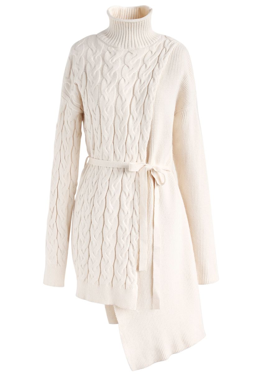 Asymmetric Rhythm Flap Cable Knit Turtleneck Sweater in Ivory