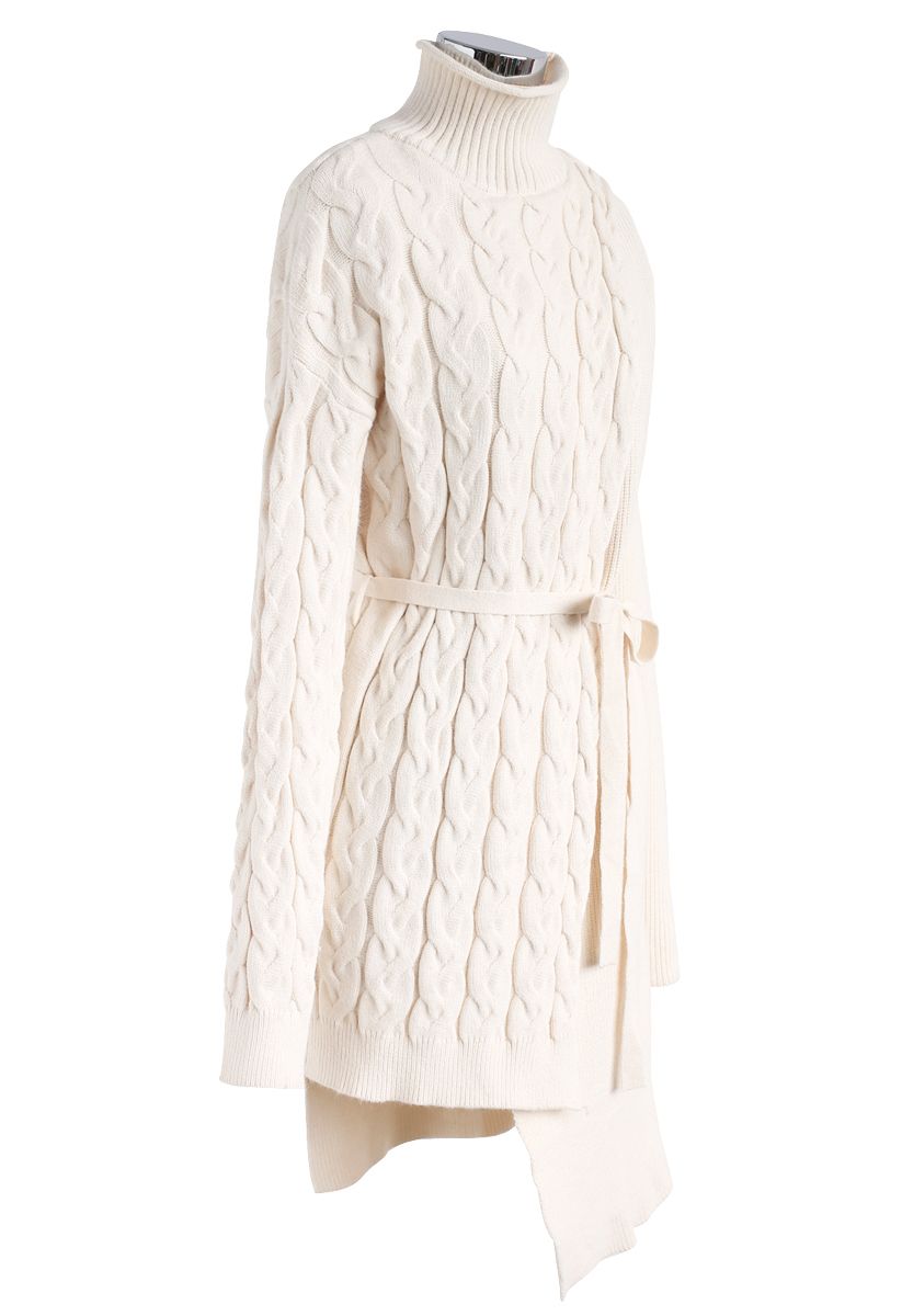 Asymmetric Rhythm Flap Cable Knit Turtleneck Sweater in Ivory