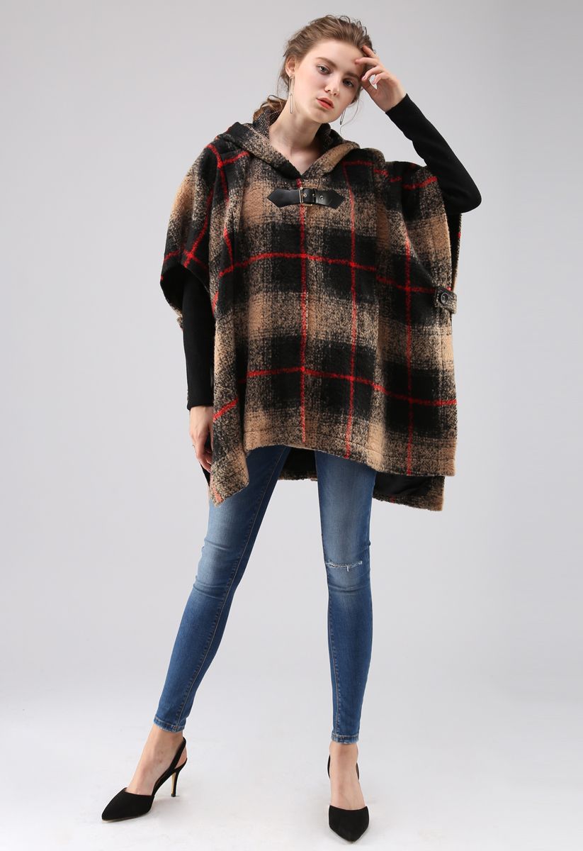 Cozy Tribe Check Hooded Wool-Blend Cape in Tan