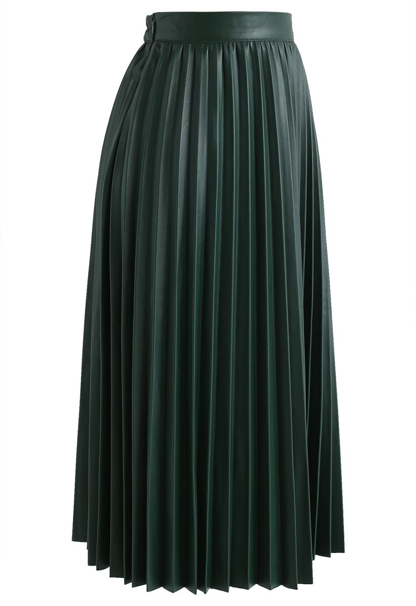 Faddish Gloss Pleated Faux Leather A-Line Skirt in Dark Green - Retro ...