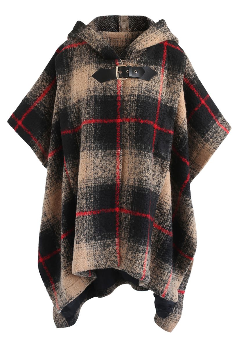 Cozy Tribe Check Hooded Wool-Blend Cape in Tan