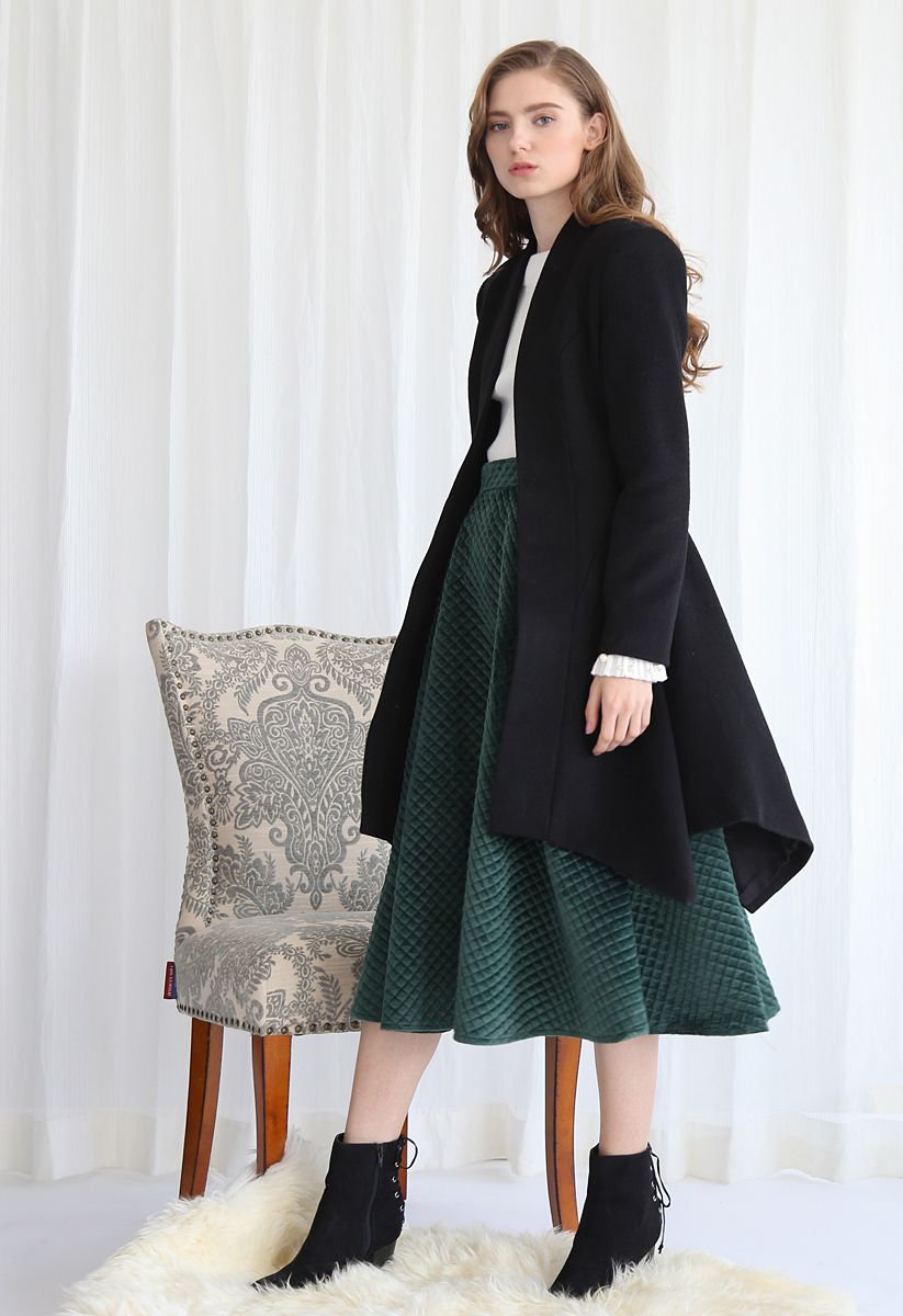 Flare Stylishness Belted Wool-Blend Coat in Black