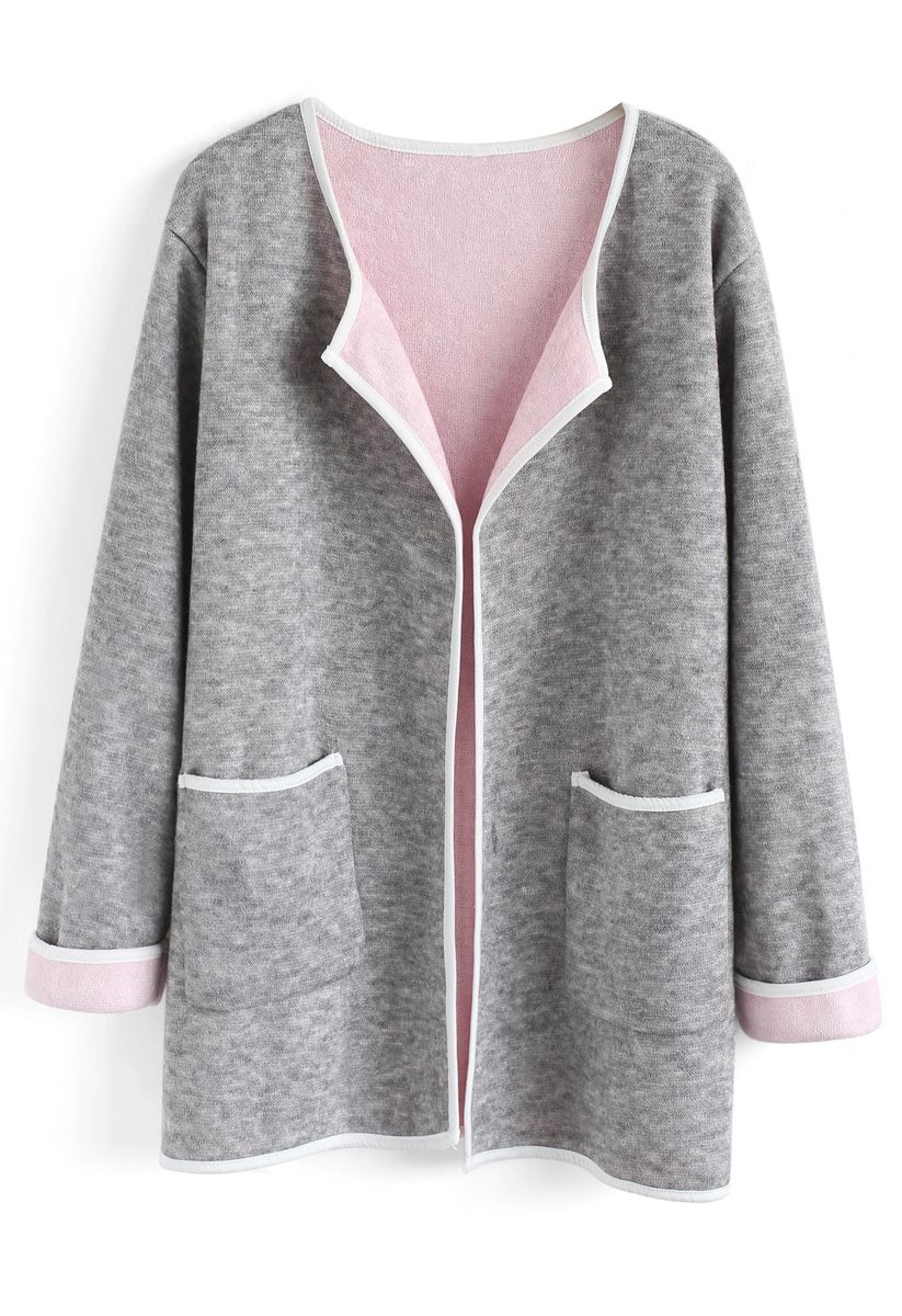 Comfy Contrast Open Front Knit Coat in Grey