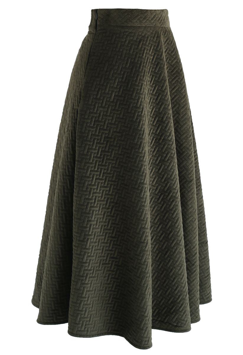 Braided Charm Quilted Velvet Skirt in Army Green 