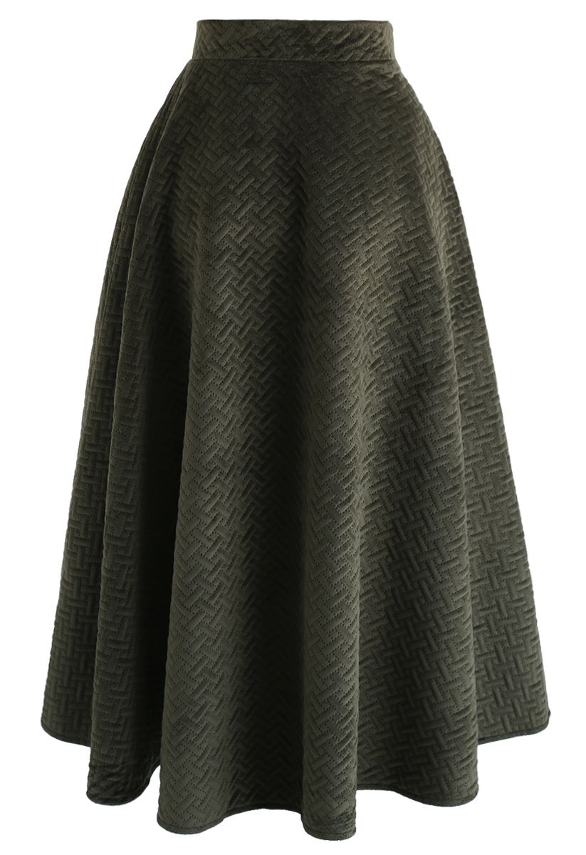 Braided Charm Quilted Velvet Skirt in Army Green 