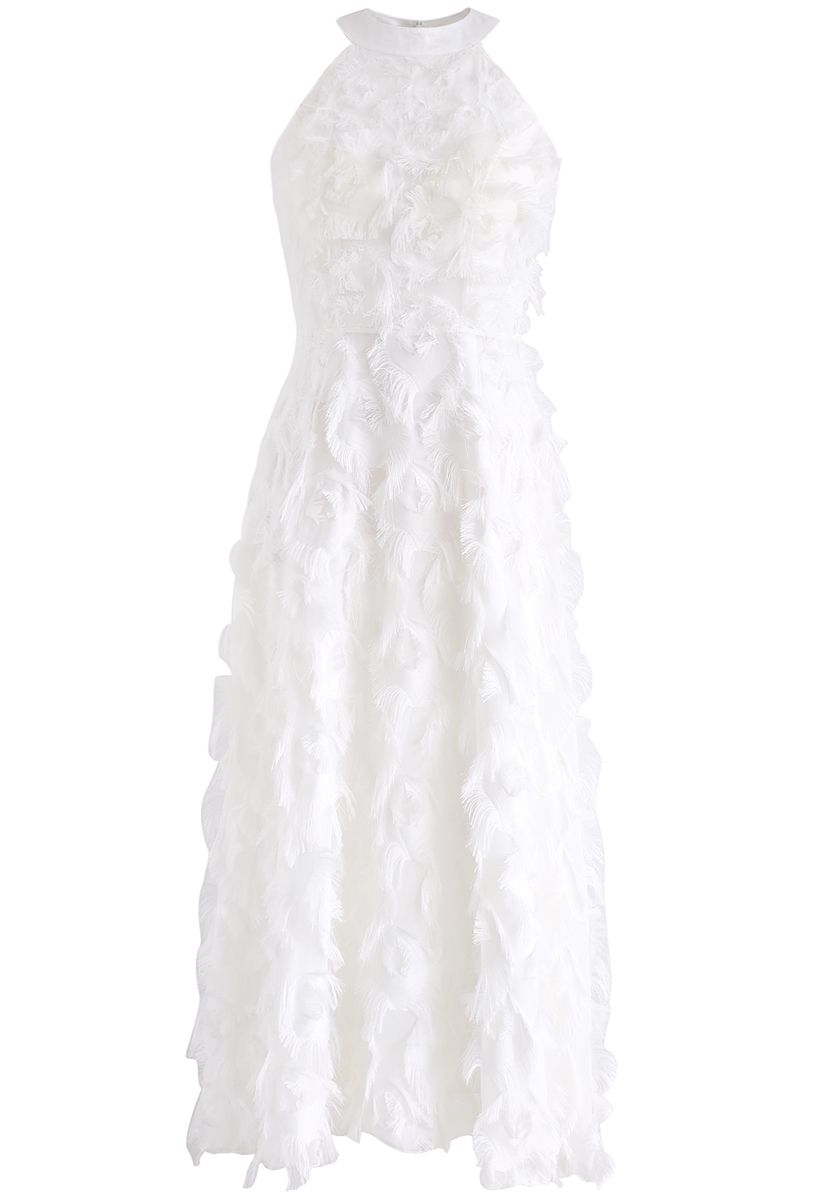 Dancing Feathers Tassel Halter Neck Maxi Dress in White