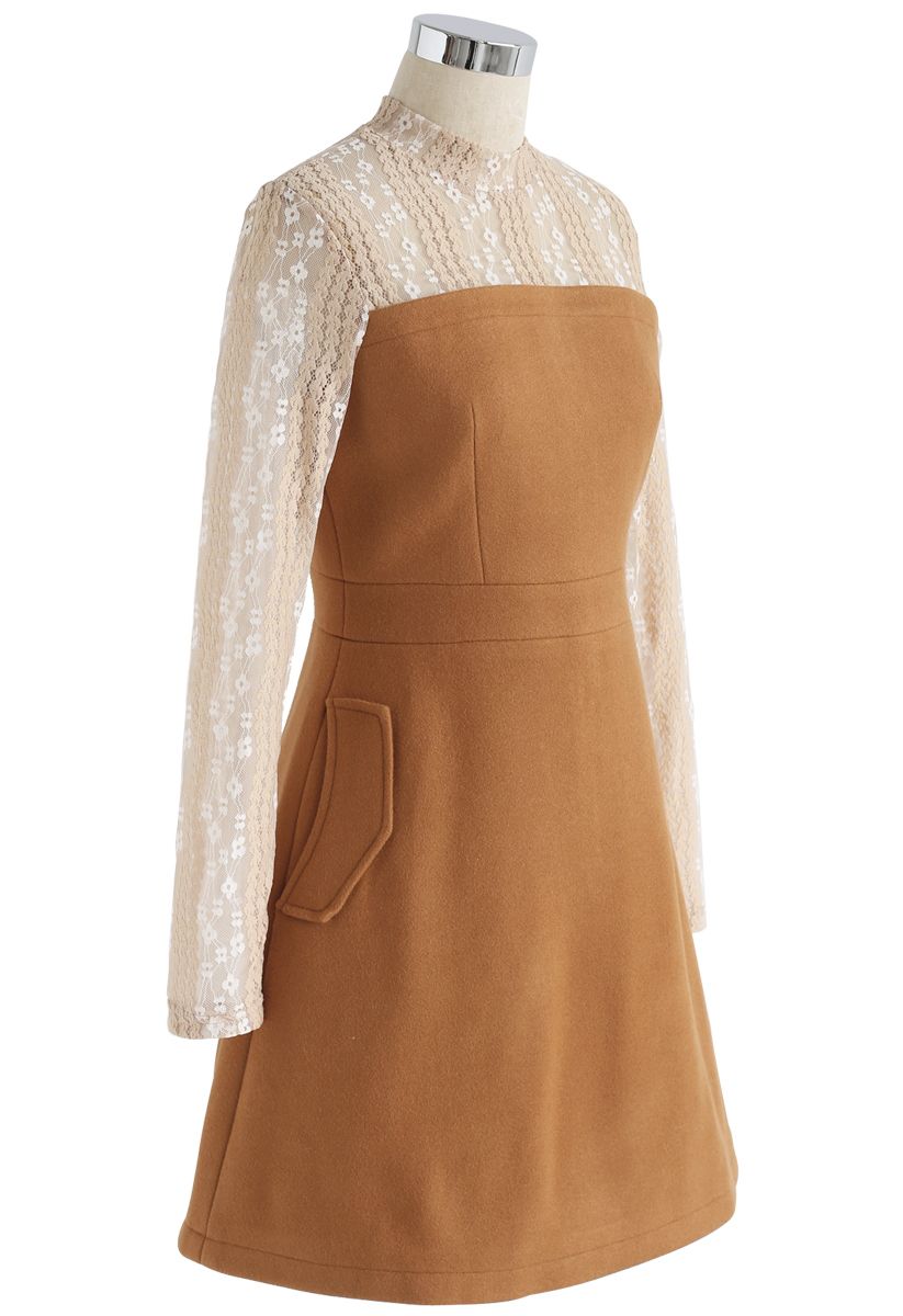 Elegant Match Lace Wood-Blend Dress in Tan