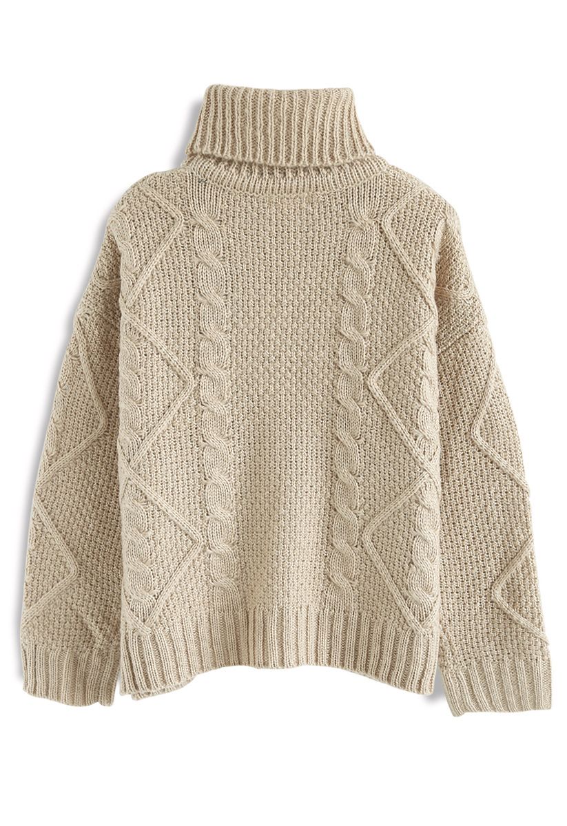 Wintry Fascination Cable Knit Turtleneck Sweater in Sand