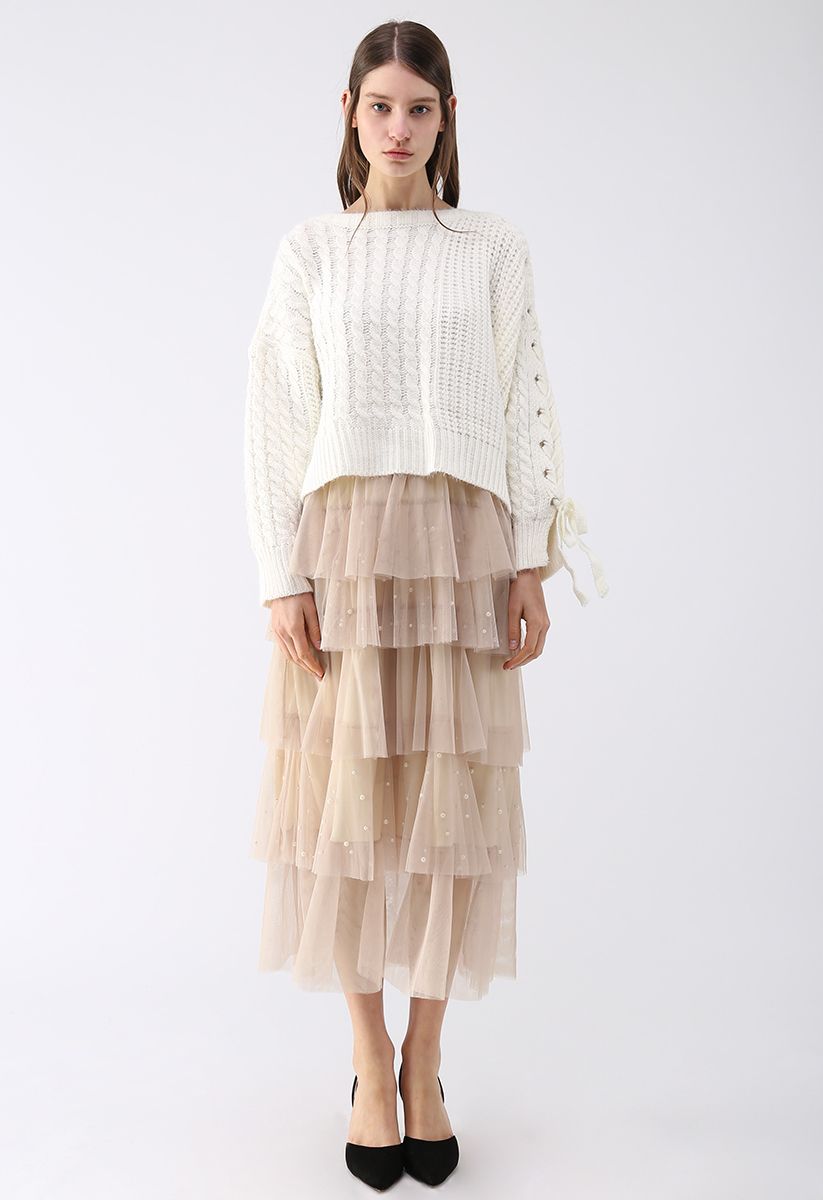 Surrounded By Pearls Tiered Mesh Skirt in Cream