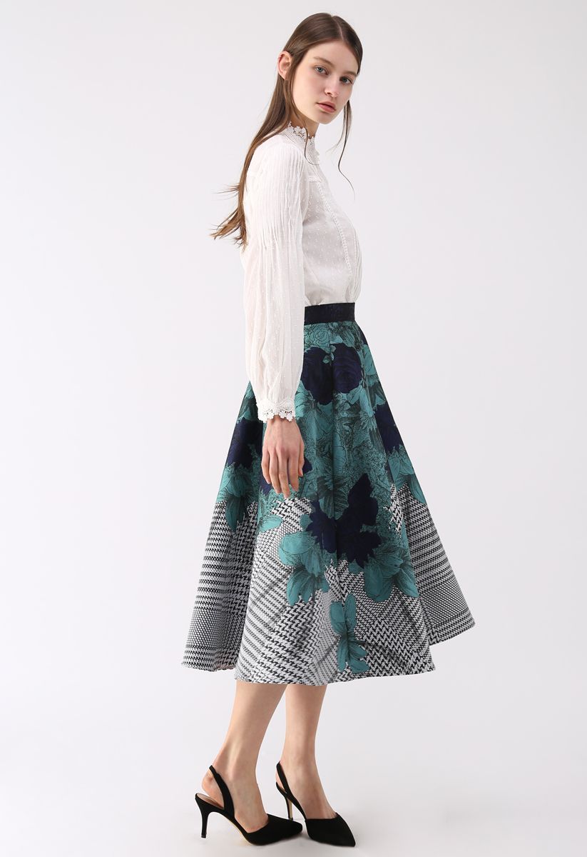 Turquoise Garden Jacquard Embossed Midi Skirt