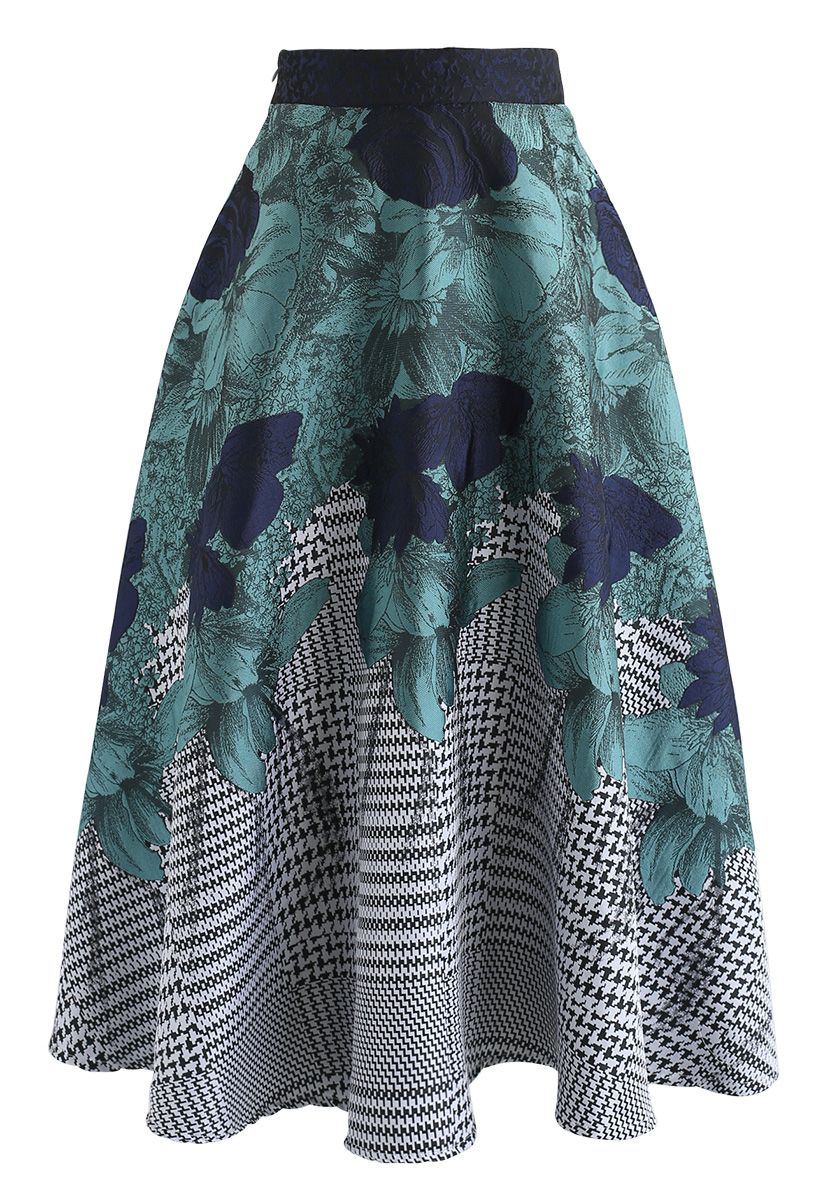 Turquoise Garden Jacquard Embossed Midi Skirt