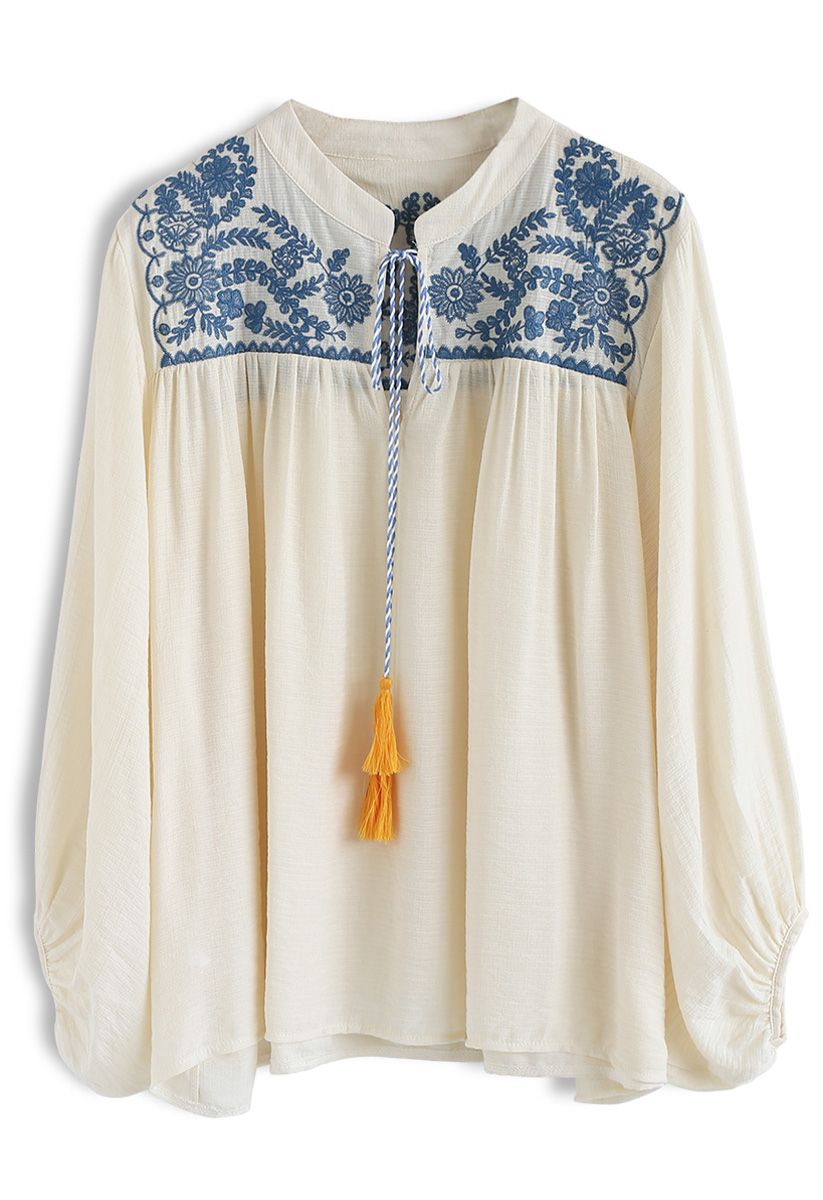 Groovy Boho Embroidered Smock Top in Cream 