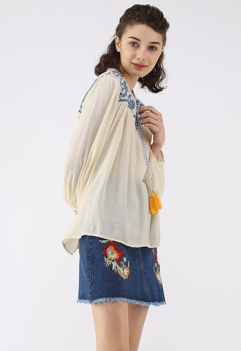 Groovy Boho Embroidered Smock Top in Cream 