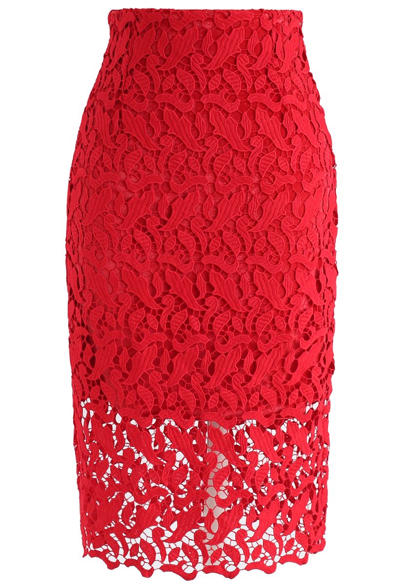 Elegant Shape Crochet Pencil Skirt in Red