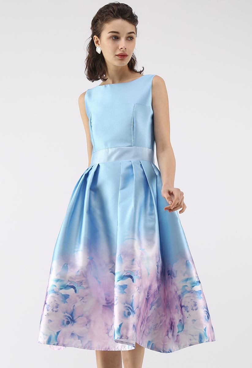Flower Glamour Printed Dress in Blue