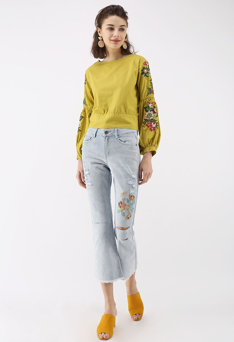 Morning Glory Blossoms Embroidered Top in Mustard