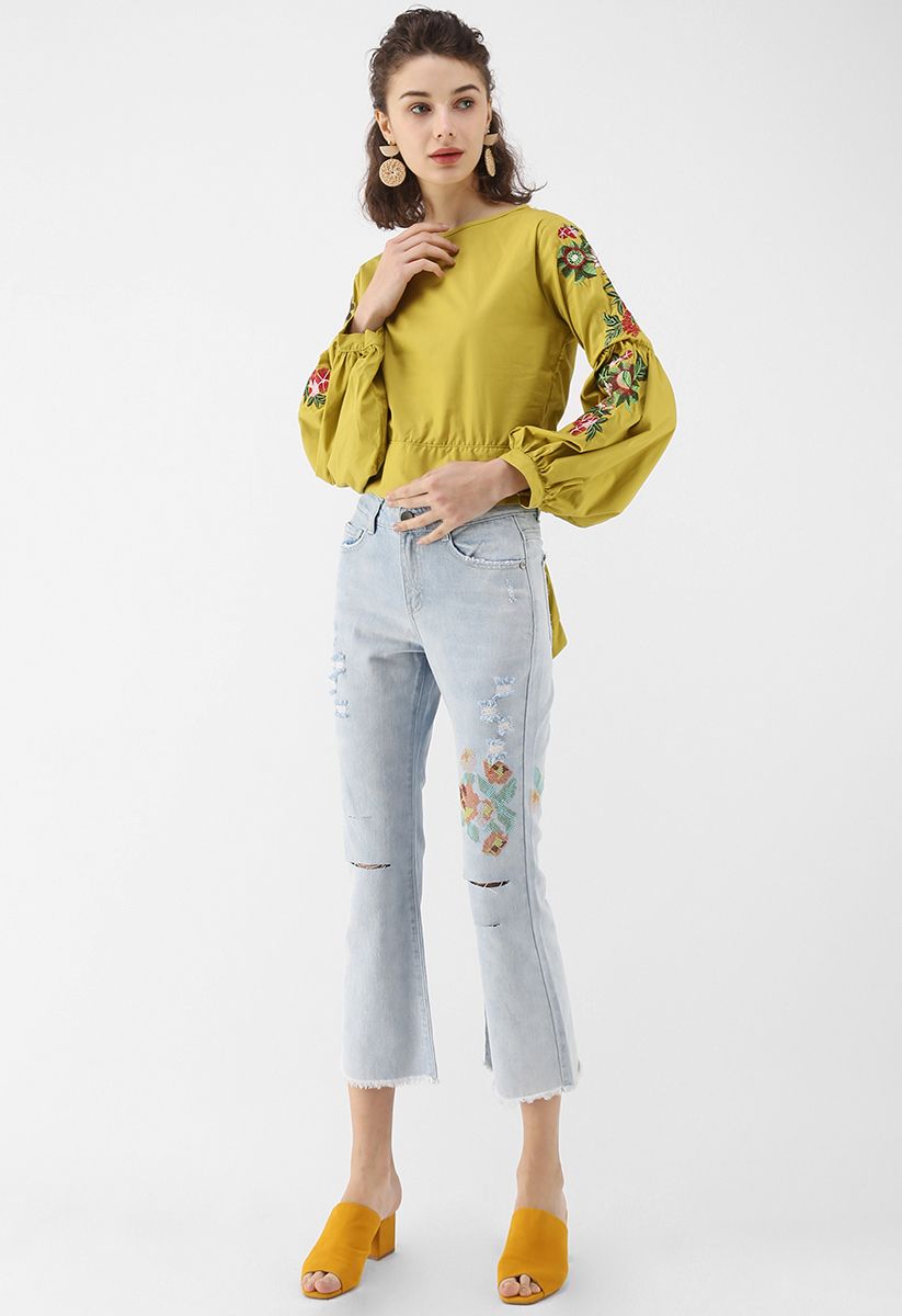 Morning Glory Blossoms Embroidered Top in Mustard