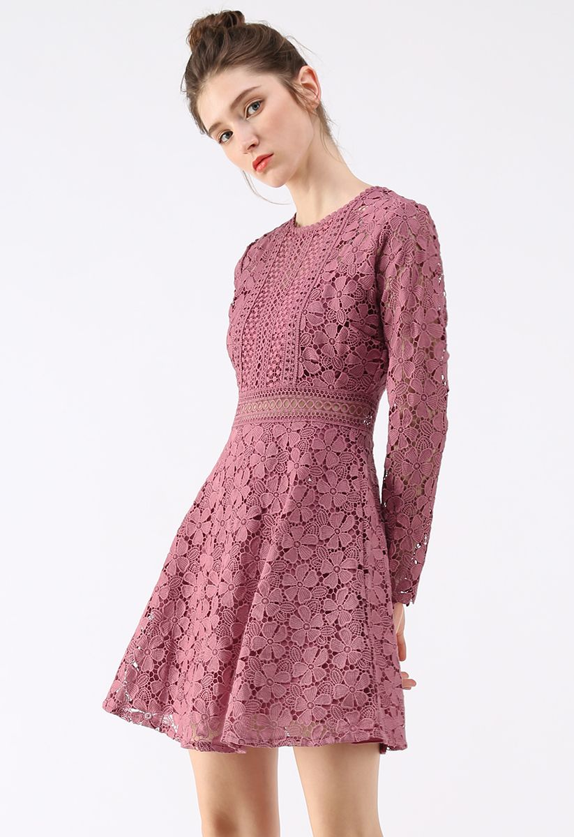 Garden Party Floral Crochet Dress in Rouge Pink