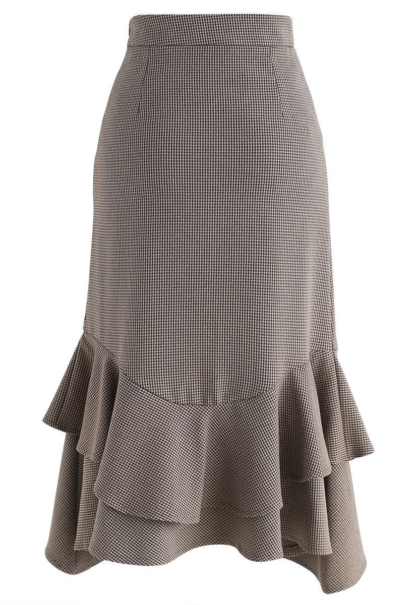 Graceful Houndstooth Tiered Frill Hem Pencil Skirt in Tan