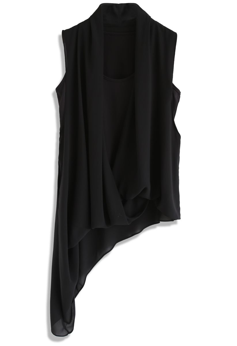 Asymmetric Wrap Sleeveless Chiffon Top in Black