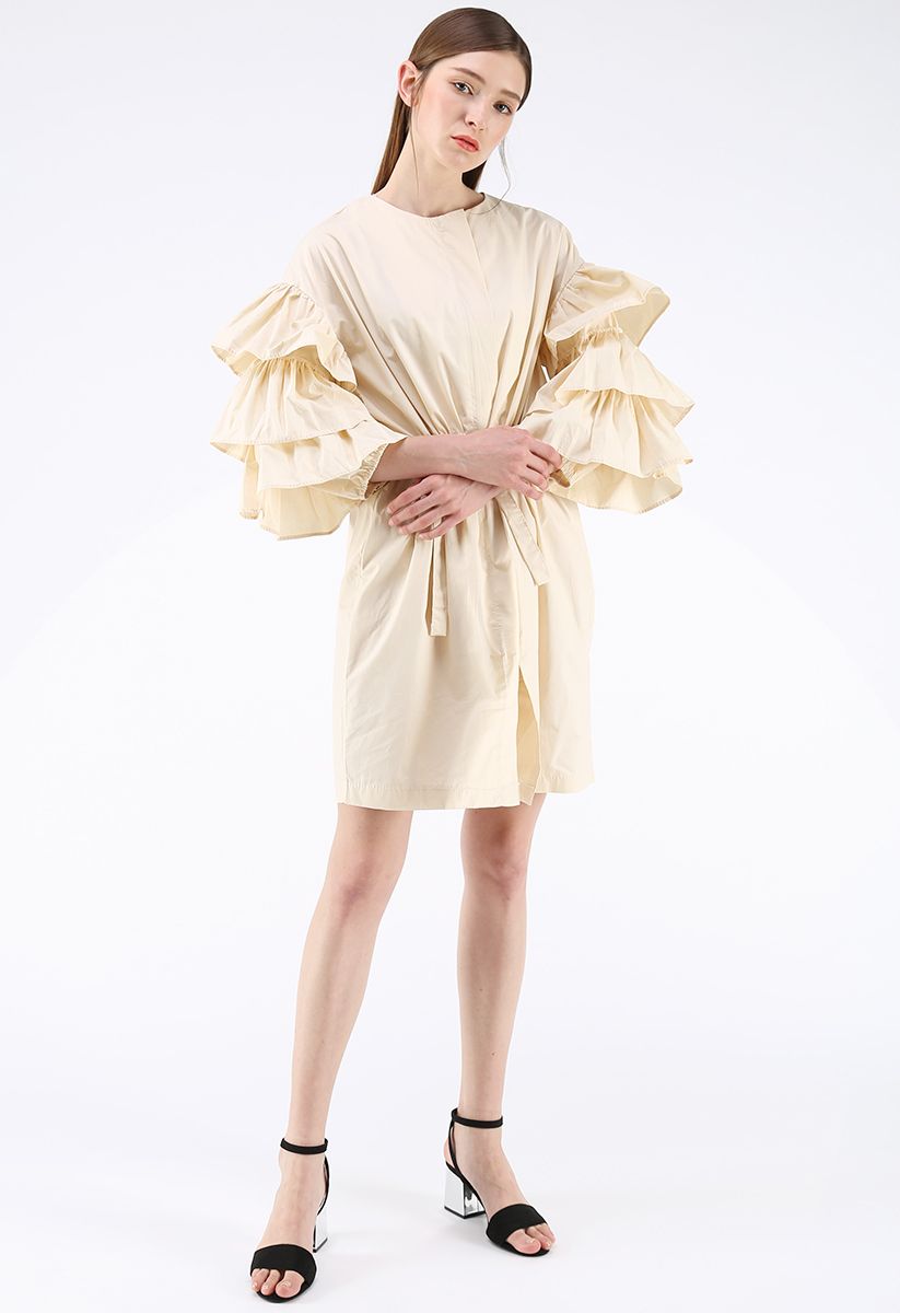 Beneath the Waves Tiered Ruffle Sleeves Coat Dress in Cream