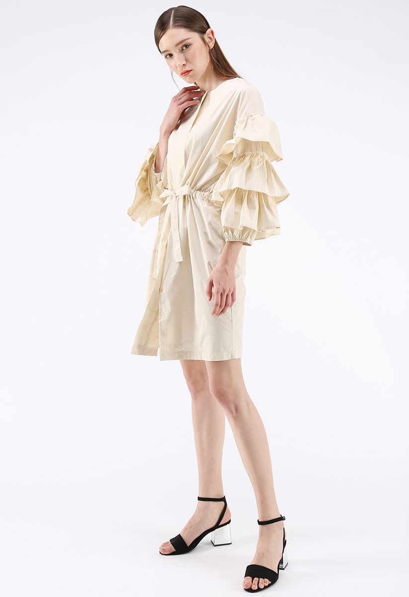 Beneath the Waves Tiered Ruffle Sleeves Coat Dress in Cream