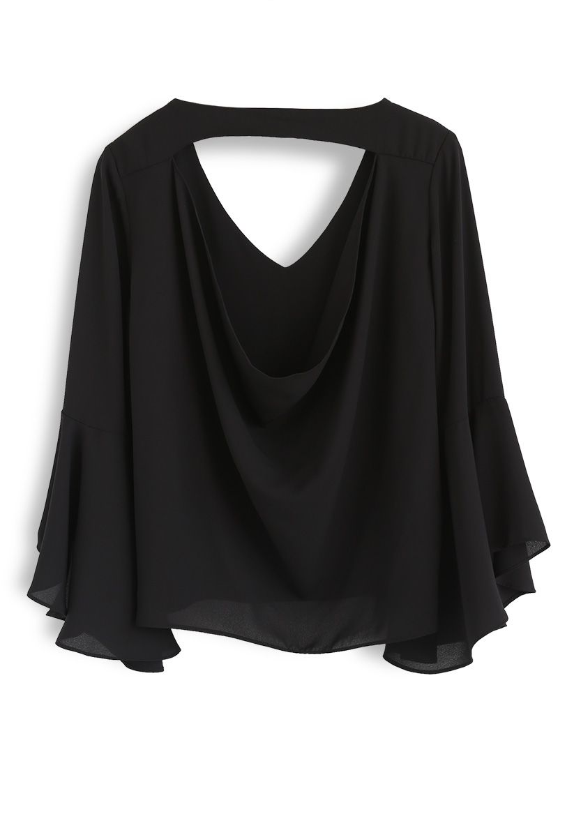 Plain But Elegant Bell Sleeves Chiffon Top in Black