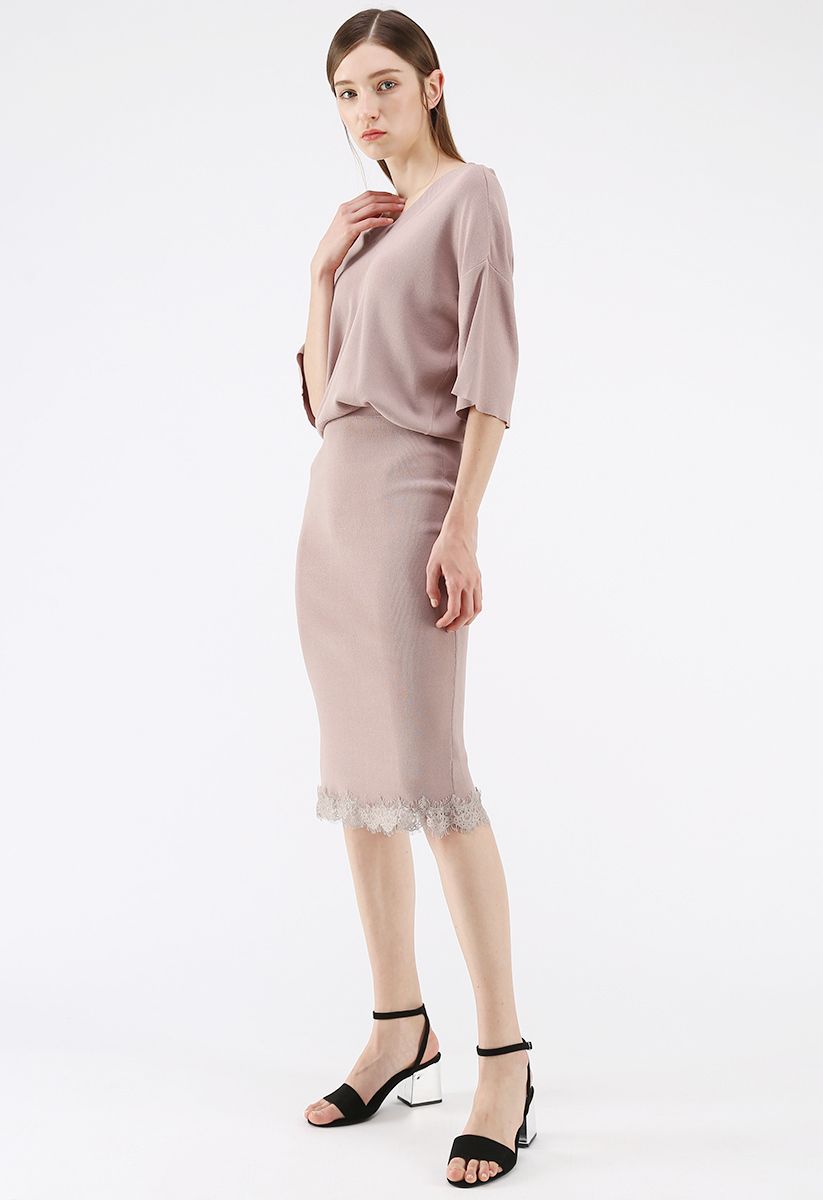True Refinement Knit V-Neck Top and Skirt Set in Dusty Pink 