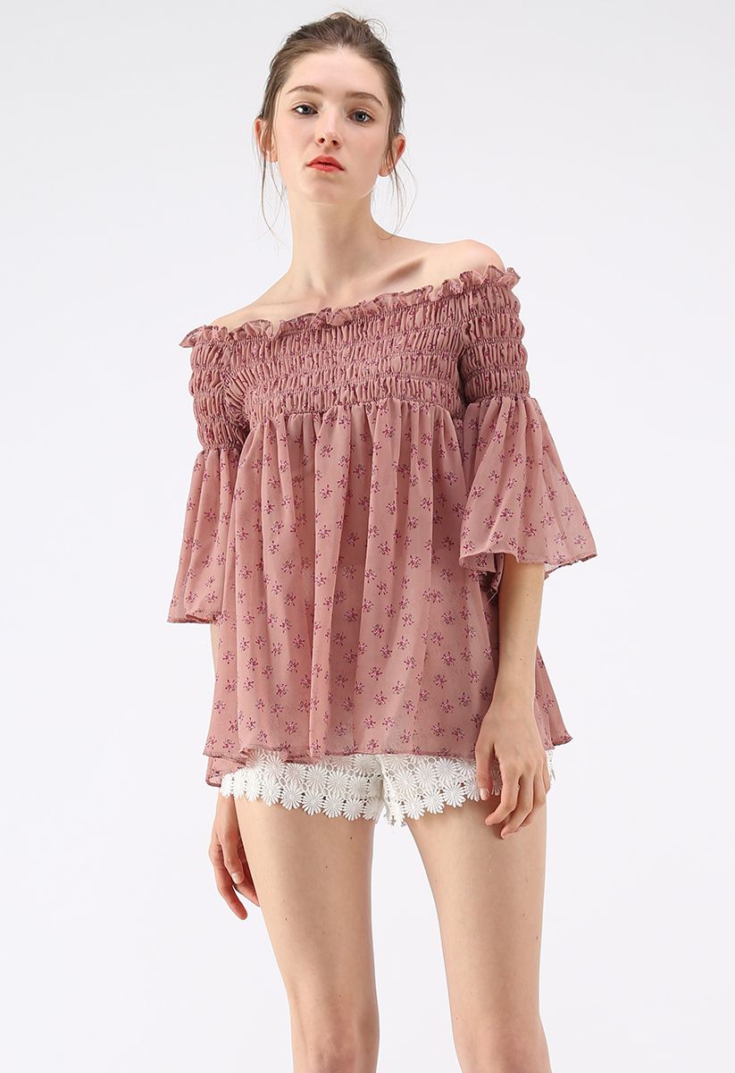 Sweet Enough Floral Off-Shoulder Chiffon Top in Coral
