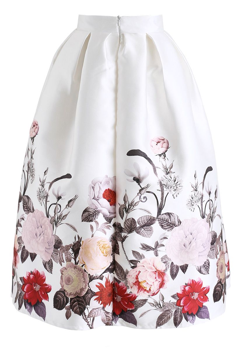 Full Blooming Flowers Printed A-Line Midi Skirt