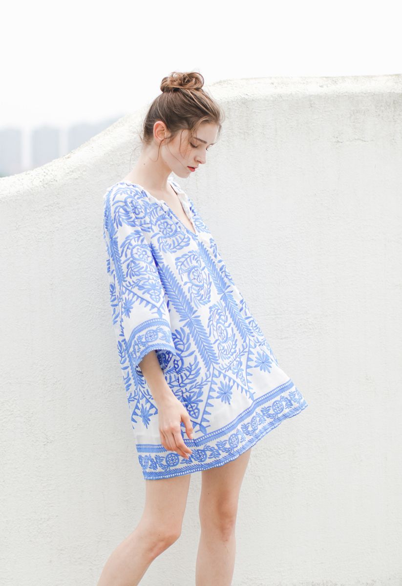Touch The Skyline Boho Embroidered Dress in Blue