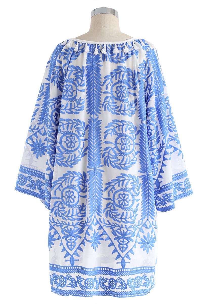 Touch The Skyline Boho Embroidered Dress in Blue